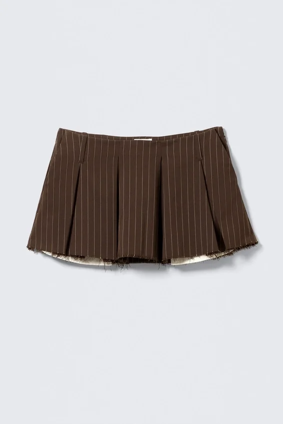 Pleated Mini Suiting Skirt – Striped Dark Brown Pleated Mini Suiting Skirt – Striped Dark Brown