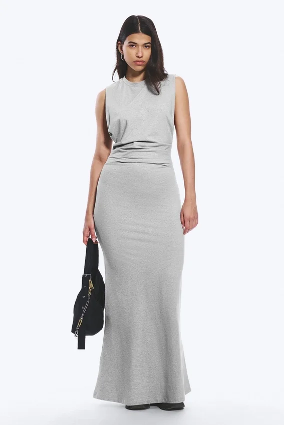 Pleated Sleeveless Maxi Dress – Grey Melange Pleated Sleeveless Maxi Dress – Grey Melange