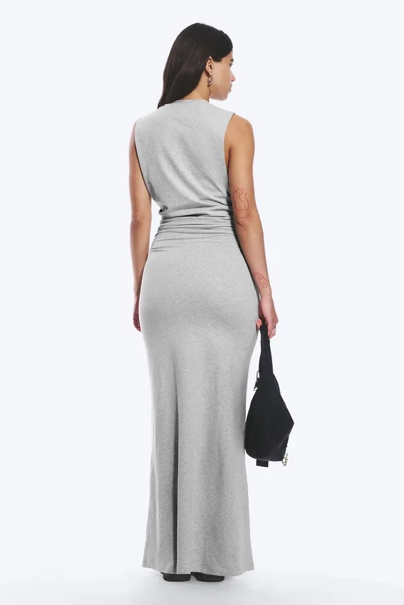 Pleated Sleeveless Maxi Dress – Grey Melange Pleated Sleeveless Maxi Dress – Grey Melange