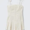 Pleated Tie-Strap Mini Twill Dress – Light Beige Pleated Tie-Strap Mini Twill Dress – Light Beige
