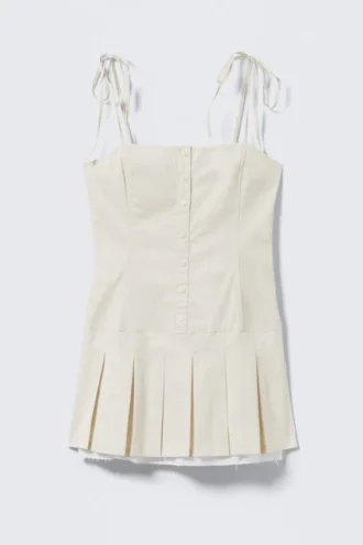 Pleated Tie-Strap Mini Twill Dress – Light Beige