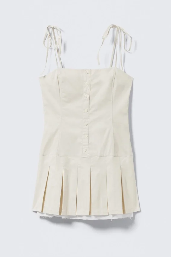 Pleated Tie-Strap Mini Twill Dress – Light Beige Pleated Tie-Strap Mini Twill Dress – Light Beige