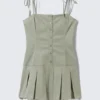 Pleated Tie-Strap Mini Twill Dress – Light Khaki Green Pleated Tie-Strap Mini Twill Dress – Light Khaki Green