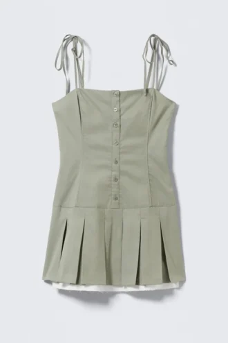 Pleated Tie-Strap Mini Twill Dress – Light Khaki Green
