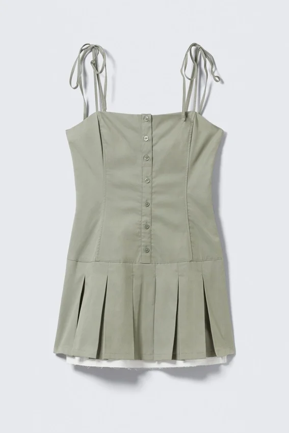 Pleated Tie-Strap Mini Twill Dress – Light Khaki Green Pleated Tie-Strap Mini Twill Dress – Light Khaki Green