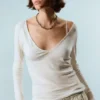 Plunging V-Neck Long-Sleeved Top – White Plunging V-Neck Long-Sleeved Top – White