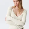 Plunging V-Neck Long-Sleeved Top – White Plunging V-Neck Long-Sleeved Top – White