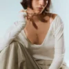 Plunging V-Neck Long-Sleeved Top – White Plunging V-Neck Long-Sleeved Top – White
