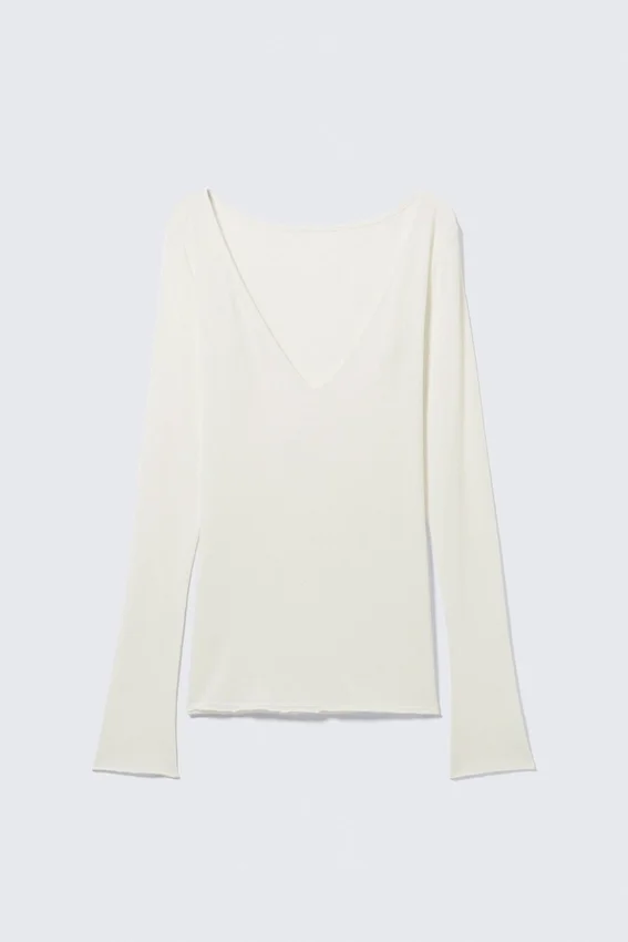 Plunging V-Neck Long-Sleeved Top – White Plunging V-Neck Long-Sleeved Top – White