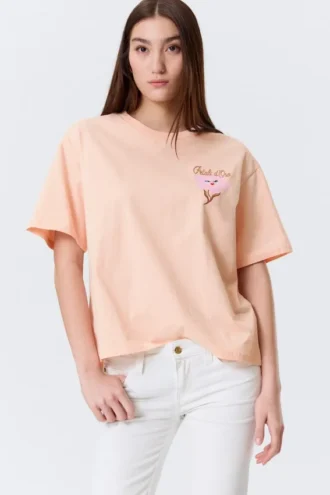 Printed Boxy T-Shirt – Light Orange – Pink Flower