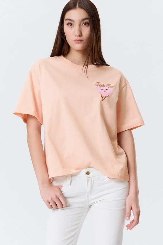 Printed Boxy T-Shirt – Light Orange – Pink Flower Printed Boxy T-Shirt – Light Orange – Pink Flower