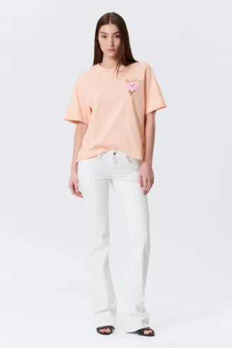 Printed Boxy T-Shirt – Light Orange – Pink Flower