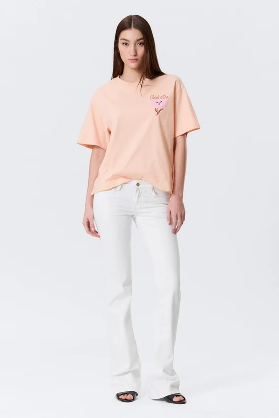 Printed Boxy T-Shirt – Light Orange – Pink Flower Printed Boxy T-Shirt – Light Orange – Pink Flower