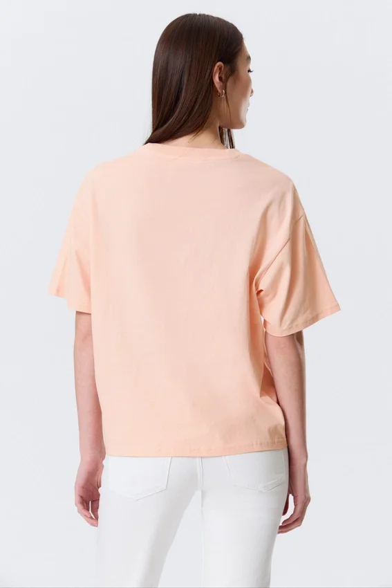 Printed Boxy T-Shirt – Light Orange – Pink Flower Printed Boxy T-Shirt – Light Orange – Pink Flower