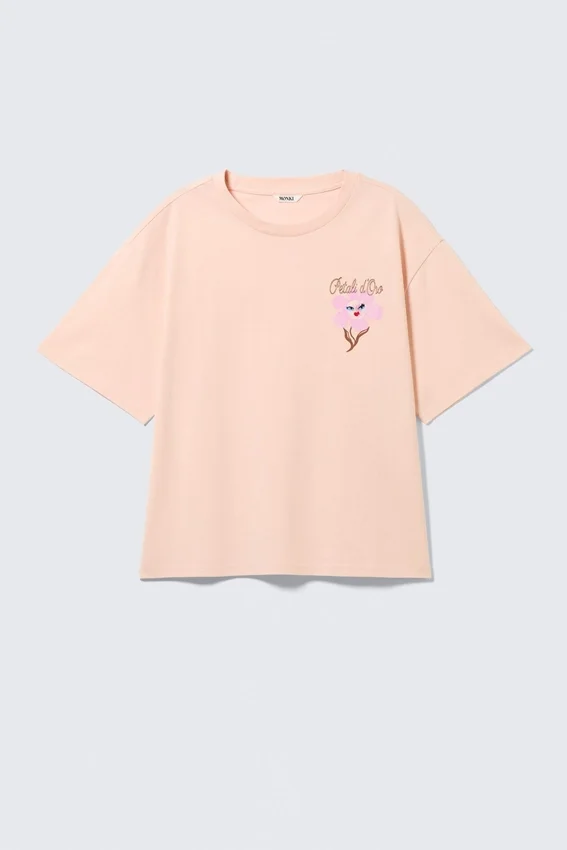 Printed Boxy T-Shirt – Light Orange – Pink Flower Printed Boxy T-Shirt – Light Orange – Pink Flower