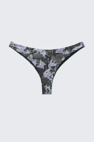 Printed Brazilian Cut Bikini Bottoms – Black Newspaper/Blue Flame