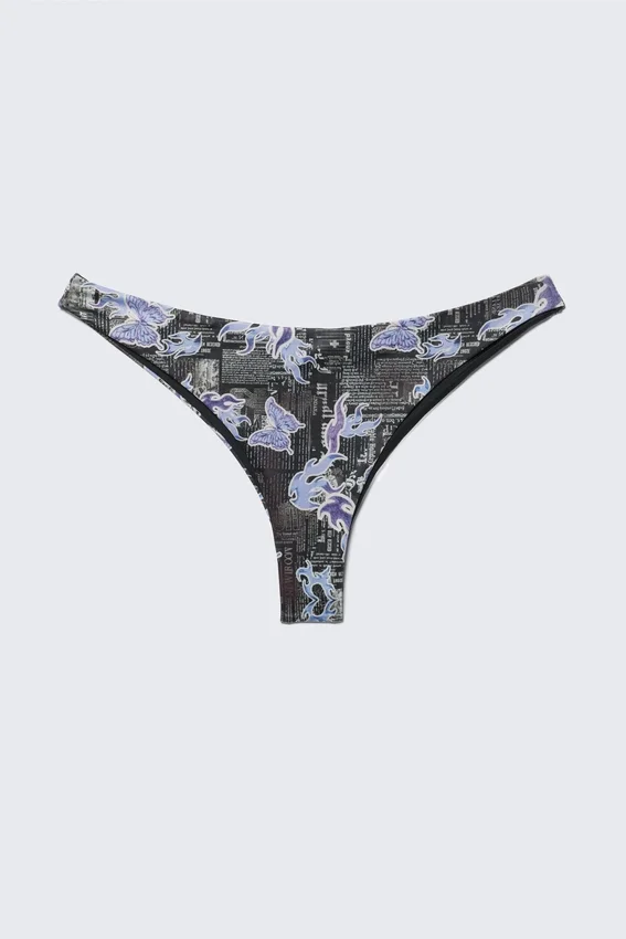 Printed Brazilian Cut Bikini Bottoms – Black Newspaper/Blue Flame Printed Brazilian Cut Bikini Bottoms – Black Newspaper/Blue Flame