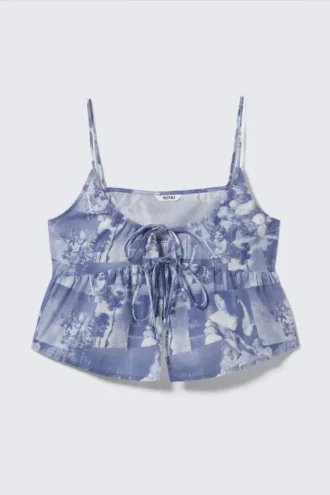 Printed Cotton Poplin Tie-Front Pyjama Top – Blue – Baroque Collage