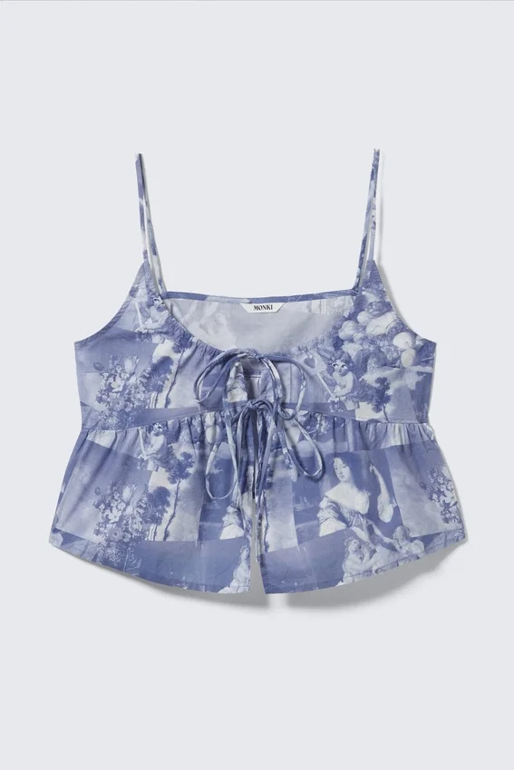 Printed Cotton Poplin Tie-Front Pyjama Top – Blue – Baroque Collage Printed Cotton Poplin Tie-Front Pyjama Top – Blue – Baroque Collage