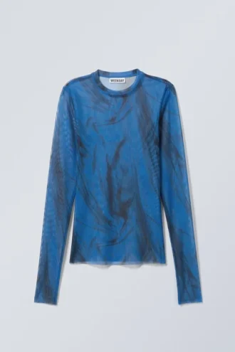 Printed Long Sleeve Mesh Top – Bright Blue – Black Strokes