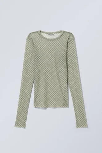 Printed Long Sleeve Mesh Top – Medium Beige