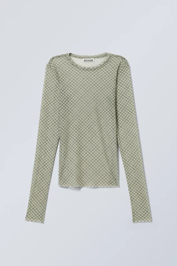 Printed Long Sleeve Mesh Top – Medium Beige Printed Long Sleeve Mesh Top – Medium Beige