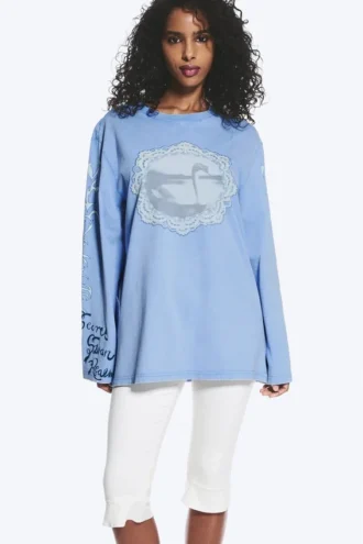 Printed Long-Sleeved Cotton T-Shirt – Medium Blue – Swan