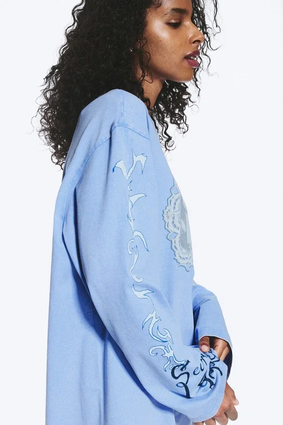Printed Long-Sleeved Cotton T-Shirt – Medium Blue – Swan Printed Long-Sleeved Cotton T-Shirt – Medium Blue – Swan