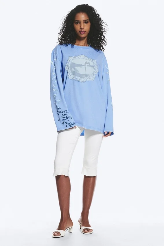 Printed Long-Sleeved Cotton T-Shirt – Medium Blue – Swan Printed Long-Sleeved Cotton T-Shirt – Medium Blue – Swan