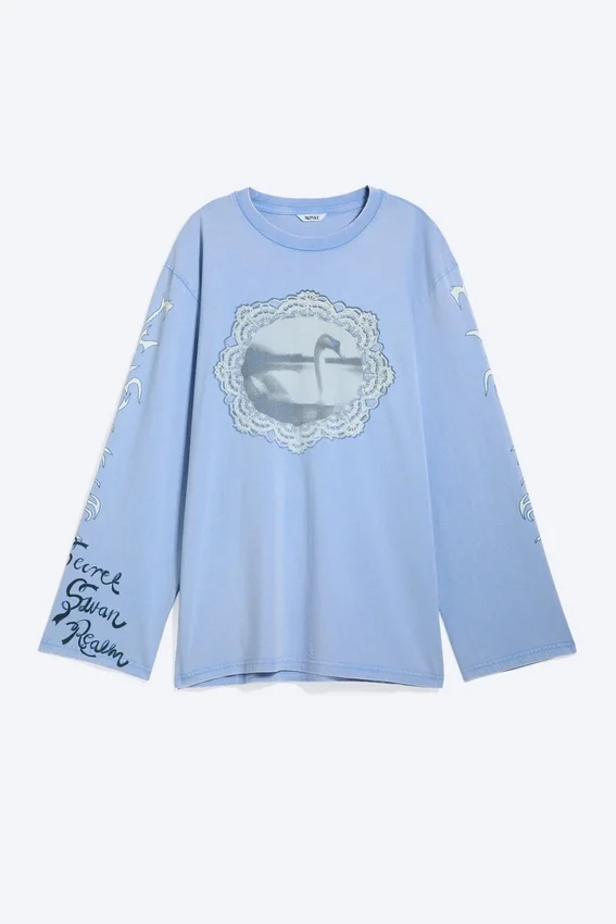 Printed Long-Sleeved Cotton T-Shirt – Medium Blue – Swan Printed Long-Sleeved Cotton T-Shirt – Medium Blue – Swan