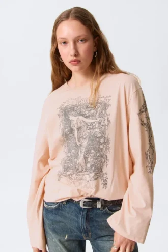 Printed Long-Sleeved Cotton T-Shirt – Printed Light Pink