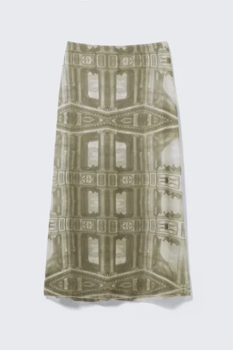 Printed Low Rise Maxi Skirt – Khaki Green – Baroque Collage