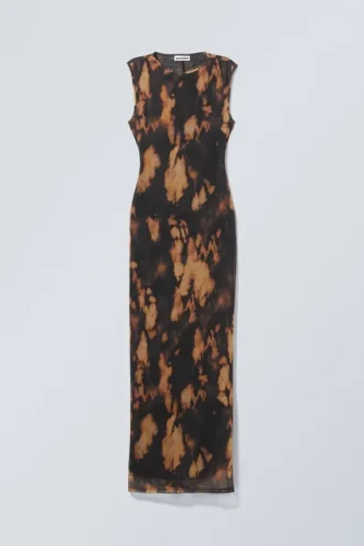Printed Maxi Mesh Slit Dress – Dusty Brown
