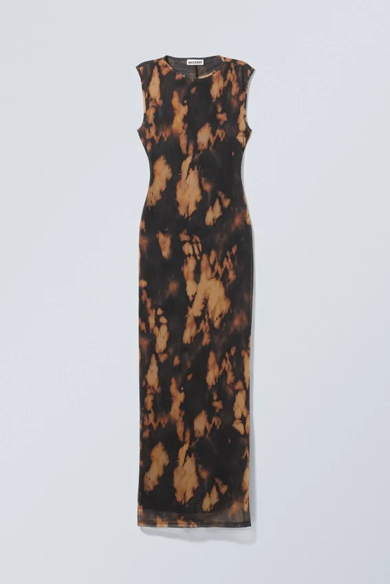 Printed Maxi Mesh Slit Dress – Dusty Brown Printed Maxi Mesh Slit Dress – Dusty Brown