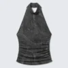 Printed Open-Back Halterneck Top – Black – Denim Print Printed Open-Back Halterneck Top – Black – Denim Print