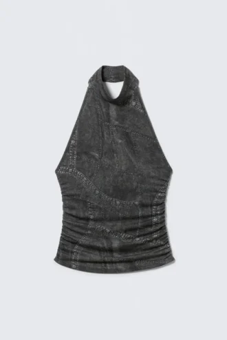 Printed Open-Back Halterneck Top – Black – Denim Print