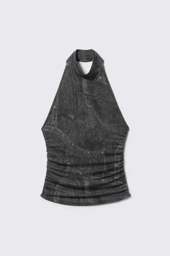 Printed Open-Back Halterneck Top – Black – Denim Print Printed Open-Back Halterneck Top – Black – Denim Print