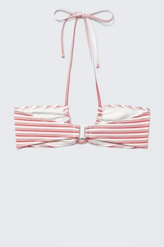 Printed Ruched Halter Bandeau Bikini Top – Red Multi Stripe Printed Ruched Halter Bandeau Bikini Top – Red Multi Stripe