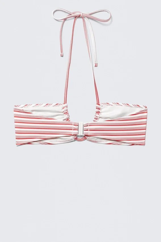 Printed Ruched Halter Bandeau Bikini Top – Red Multi Stripe Printed Ruched Halter Bandeau Bikini Top – Red Multi Stripe