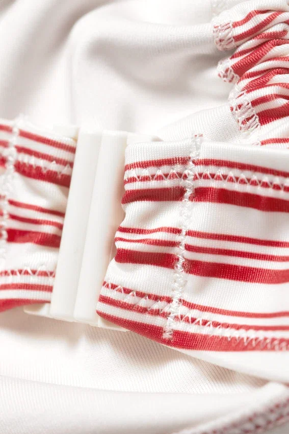 Printed Ruched Halter Bandeau Bikini Top – Red Multi Stripe Printed Ruched Halter Bandeau Bikini Top – Red Multi Stripe