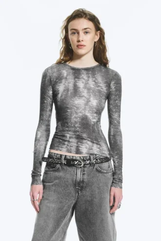 Printed Slim Fit Long-Sleeved Top – Black – Crocodile Print
