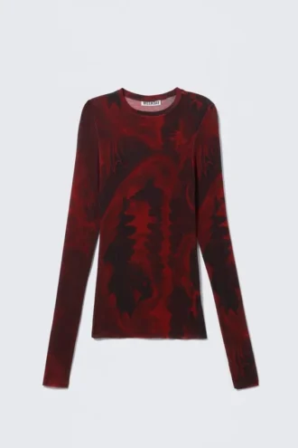 Printed Slim Fit Long-Sleeved Top – Dark Red Dragon Print