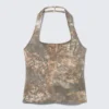 Printed Square Neck Halter Top – Khaki Green Print Printed Square Neck Halter Top – Khaki Green Print