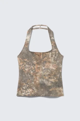 Printed Square Neck Halter Top – Khaki Green Print