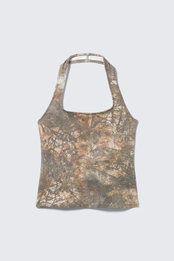 Printed Square Neck Halter Top – Khaki Green Print Printed Square Neck Halter Top – Khaki Green Print