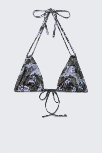 Printed Triangle Halter Bikini Top – Black/Blue – Newspaper/Flame Printed Triangle Halter Bikini Top – Black/Blue – Newspaper/Flame