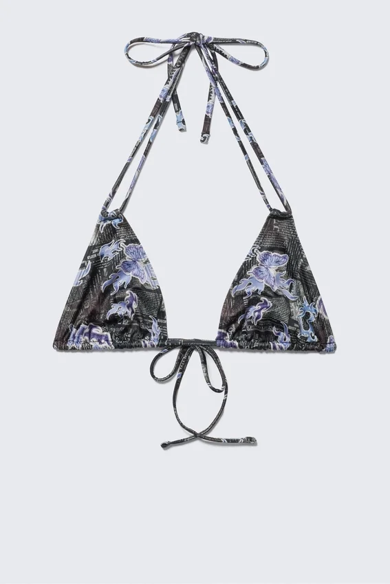 Printed Triangle Halter Bikini Top – Black/Blue – Newspaper/Flame Printed Triangle Halter Bikini Top – Black/Blue – Newspaper/Flame