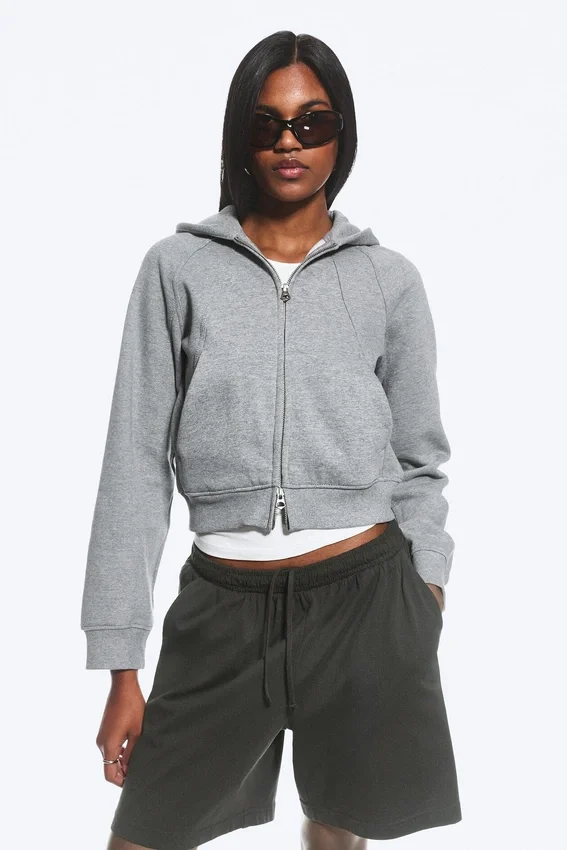 Raglan-Sleeved Cutline Zip Hoodie – Grey Melange Raglan-Sleeved Cutline Zip Hoodie – Grey Melange