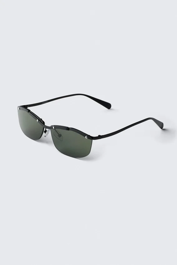 Rectangular Metal Frame Sunglasses – Black – Green Lenses Rectangular Metal Frame Sunglasses – Black – Green Lenses