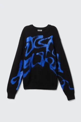 Regular Jacquard Knitted Graphic Sweater – Black – Blue Spray Paint